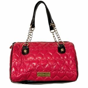 Betsey Johnson Pink Heart Quilted Patent Satchel Y2K Chain Purse